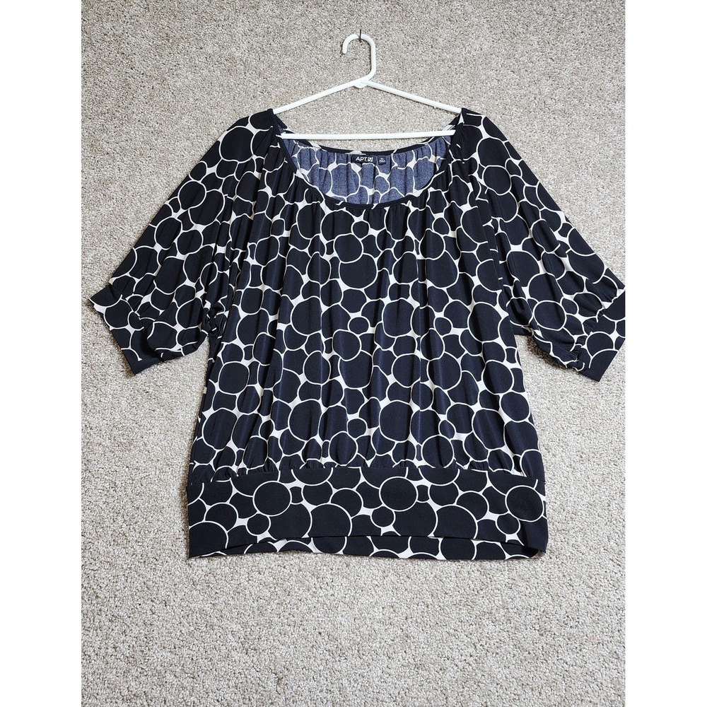 Apt. 9 Black & White Polka Dot Bubble Hem Blouse XL Short Sleeve Scoop Neck